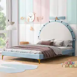 Walmart EUROCO Upholstered Full Size Platform Bed with Cartoon Shaped Headboard for Kids, Blue offer