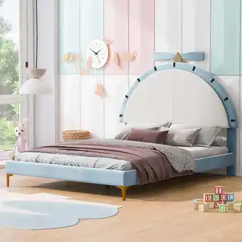 Walmart EUROCO Upholstered Full Size Platform Bed with Cartoon Shaped Headboard for Kids, Blue offer