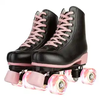 Walmart SLLINGLUO Roller Skates for Girls, High-Top Double Row Leather Quad Skates, Black & Pink, Youth 1 offer