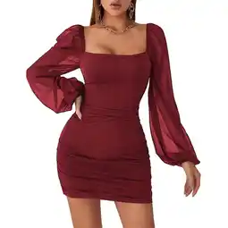 Walmart Amazhiyu Womens Mesh Long Sleeve Square Neck Ruched Party Club Cocktail Bodycon Mini Dress offer