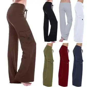 Walmart Patlollav Trousers for Women Workout Out Leggings Stretch Waist Button Pocket Yoga Gym Loose Pants offer