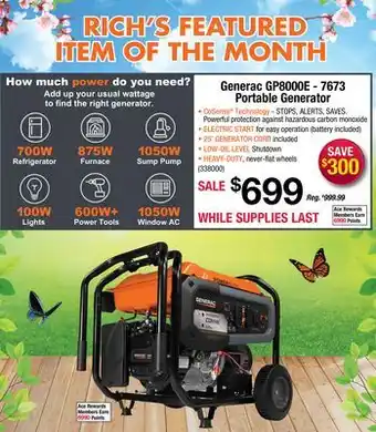 Ace Hardware Generac GP8000E - 7673 Portable Generator offer