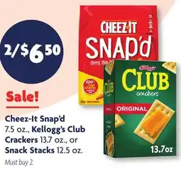 Family Dollar Cheez-It Snap'd 7.5 oz., Kellogg's Club Crackers 13.7 oz., or Snack Stacks 12.5 oz offer