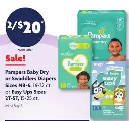 Family Dollar Pampers Baby Dry or Swaddlers Diapers Sizes NB‑6, 16-32 ct. or Easy Ups Sizes 2T‑5T, 15-25 ct offer