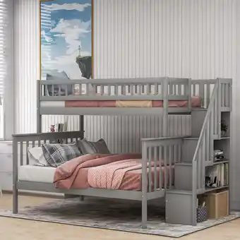 Walmart Euroco Wood Twin over Full Bunk Bed with Stairs and Storage Shelf for Kids Bedroom, Gray offer