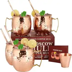 Walmart A29 Moscow Mule 4 Handcrafted Copper Mugs & 4 Copper Straws & Shot Glass offer