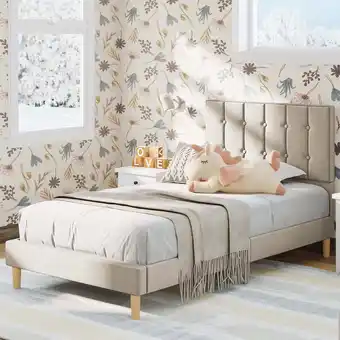 Walmart LIKIMIO Twin Bed Frame with Upholstered Headboard, No Box Spring Needed, Beige offer