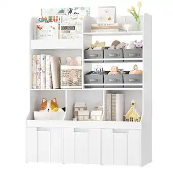 Walmart Hiphuta Kids Toy Box with Book Racks & 6 Fabric Bins for Playroom, Kids Toy Organizer White offer