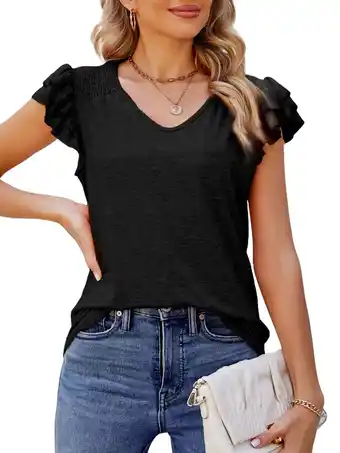 Walmart UVN Tops for Women Summer Ruffle Short Sleeve Shirts Ladies Dressy Casual V Neck Blouses offer