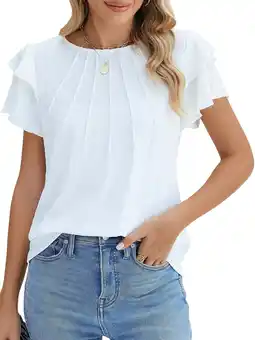 Walmart UVN Blouses for Women Ruffle Short Sleeve Shirts Summer Casual Crewneck Pleated Tops offer