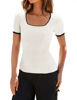 Walmart YOGAFOX Women's Short Sleeve Square Neck Summer T-Shirt Color Block Slim Knit Basic Tops(White-L) offer