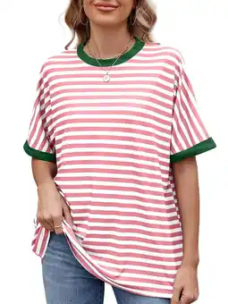 Walmart UVN Striped Tops for Women Summer Short Sleeve T Shirts Casual Crewneck Color Block Shirts offer