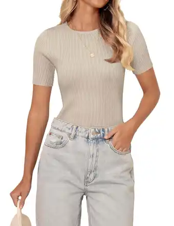 Walmart YOGAFOX Women's Short Sleeve Crewneck Summer Tee Shirt Ribbed Knit Slim Basic Solid Tops(Almond-L) offer