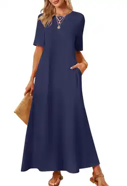 Walmart YOGAFOX Women's 2025 Short Sleeve Casual Summer Basic Long Maxi Dresses with Pockets(Navy-M) offer