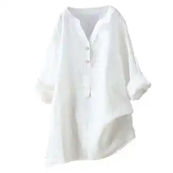 Walmart Timegard Plus Size for Women Cotton Linen Notched V Neck Button Blouse Tops Fall Casual Loose Shirts offer