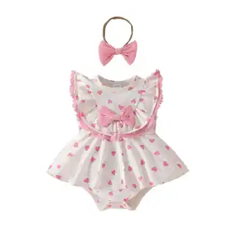 Walmart Baby Romper Sleeveless Ribbed Strawberry Romper Dress Headbands Set Clothes Pink 0 Months-3 Months offer