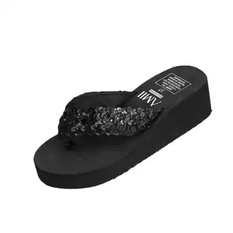 Walmart Women's Glitter Platform Sandals Shiny Thong Sandals Non-slip Wedge Heel Flops Size 40 (Black) offer