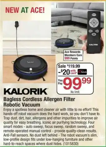 Ace Hardware Kalorik Bagless Cordless Allergen Filter Robotic Vacuum offer