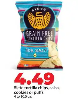 Hy-Vee Siete tortilla chips, salsa, cookies or puffs offer