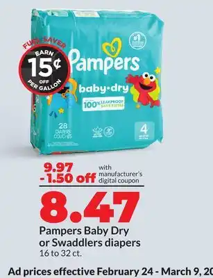 Hy-Vee Pampers Baby Dry or Swaddlers diapers offer