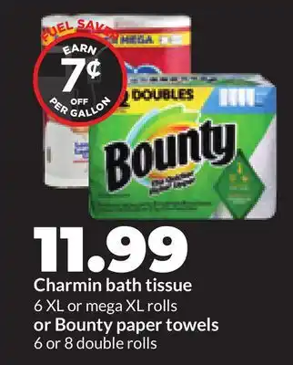 Hy-Vee Charmin bath tissue 6 XL or mega XL rolls or Bounty paper towels 6 or 8 double rolls offer