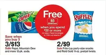 Target Pepsi, Mountain Dew And More 12-pk. Soda Or Frito-lay Party-size Snacks And Rold Gold 11-oz. Pretzel Twists offer