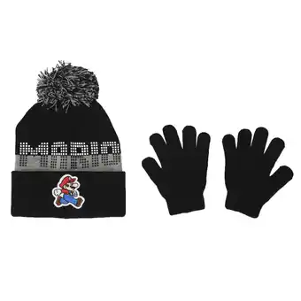 Walmart Super Mario Bros by Nintendo Kids' Durable Knit Beanie with Pom and Gloves Set, Black, 2-Piece Pack offer