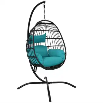 Walmart Sunnydaze Dalia Resin Wicker Egg Hanging Chair with Cushions and Stand, Teal offer