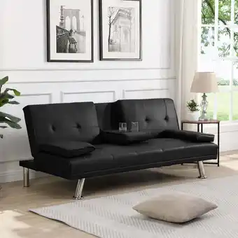 Walmart Sofa Bed with Armrest and Two Holders - Wood Frame, Stainless Legs, Black PVC Futon offer