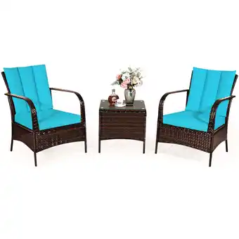 Walmart Gymax 3PCS Patio Rattan Conversation Set Outdoor Furniture Set w/ Turquoise Cushion offer