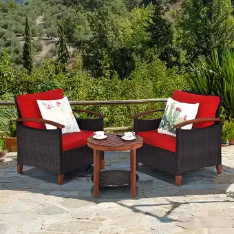 Walmart Gymax 3PCS Patio Wicker Rattan Conversation Set Outdoor Furniture Set w/ Red Cushion offer