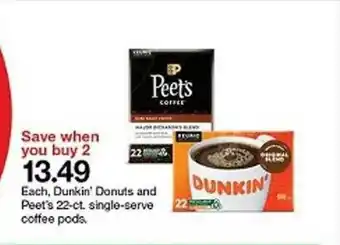 Target Each, Dunkin's Danufs And Peet's 22-ct. Single-serve Coffee Pods offer