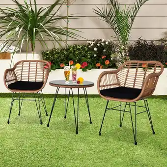 Walmart UBesGoo 3 Pieces Wicker Rattan Patio Conversation Set with Tempered Glass Table,Flaxen Yellow offer