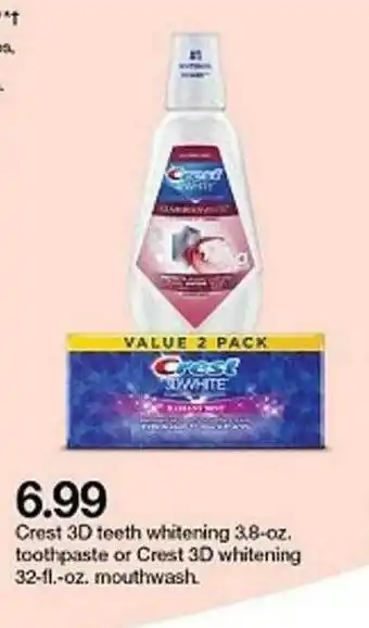 Target Crest 3d Teeth Whitening 3.8-oz. Toothpaste Or 32-fl.-oz. Mouthwash offer