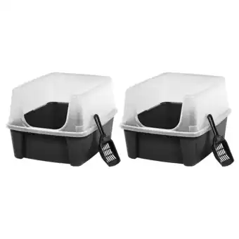 Walmart IRIS USA, Open-Top Cat Litter Box with Shield and Scoop, Black, 2 Pack offer