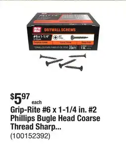 The Home Depot Grip-Rite #6 x 1-1/4 in. #2 Phillips Bugle Head Coarse Thread Sharp Point Drywall Screws 1 lb. Box offer