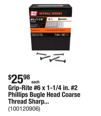 The Home Depot Grip-Rite #6 x 1-1/4 in. #2 Phillips Bugle Head Coarse Thread Sharp Point Drywall Screws 5 lb. Box offer