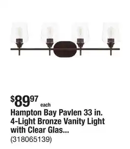 The Home Depot Hampton Bay Pavlen 33 in. 4-Light Bronze Vanity Light with Clear Glass Shade offer