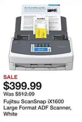 Office Depot Fujitsu ScanSnap iX1600 Large Format ADF Scanner, White offer