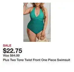 Belk Plus Two Tone Twist Front One Piece Swimsuit offer