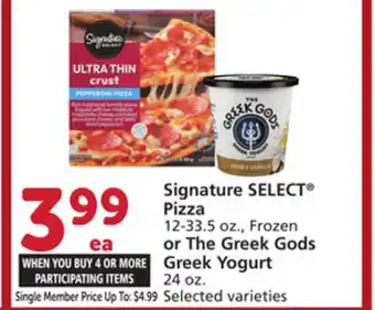 Vons Signature SELECT Pizza 12-33.5 oz., Frozen or The Greek Gods Greek Yogurt 24 oz offer