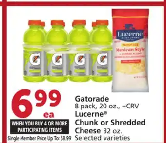 Vons Gatorade 8 pack, 20 oz., Lucerne Chunk or Shredded Cheese 32 oz offer