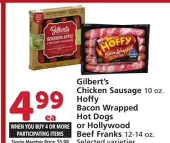 Vons Gilbert's Chicken Sausage 10 oz., Hoffy Bacon Wrapped Hot Dogs or Hollywood Beef Franks 12-14 oz offer