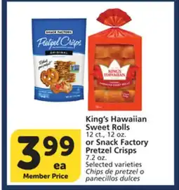 Vons King's Hawaiian Sweet Rolls 12 ct., 12 oz. or Snack Factory Pretzel Crisps 7.2 oz offer