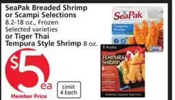 Vons SeaPak Breaded Shrimp or Scampi Selections 8.2-18 oz., or Tiger Thai Tempura Style Shrimp 8 oz offer