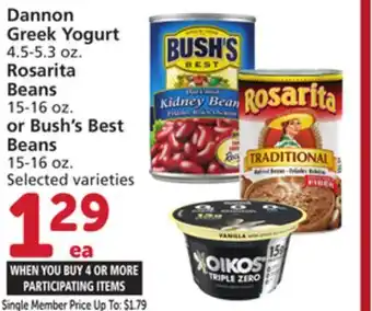 Vons Dannon Greek Yogurt 4.5-5.3 oz. Rosarita Beans 15-16 oz. or Bush's Best Beans 15-16 oz offer