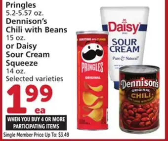 Vons Pringles 5.2-5.57 oz. Dennison's Chili with Beans 15 oz. or Daisy Sour Cream Squeeze 14 oz offer