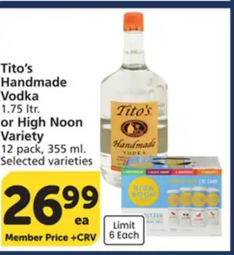 Vons Tito's Handmade Vodka 1.75 ltr. or High Noon Variety 12 pack, 355 ml offer