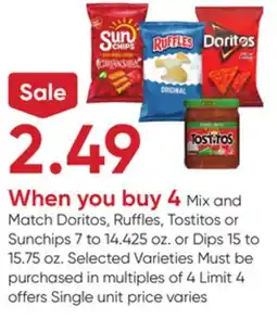 Stater Bros Doritos, Ruffles, Tostitos or Sunchips 7 to 14.425 oz. or Dips 15 to 15.75 oz offer