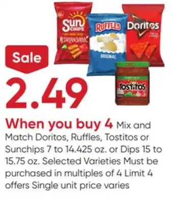 Stater Bros Doritos, Ruffles, Tostitos or Sunchips 7 to 14.425 oz. or Dips 15 to 15.75 oz offer